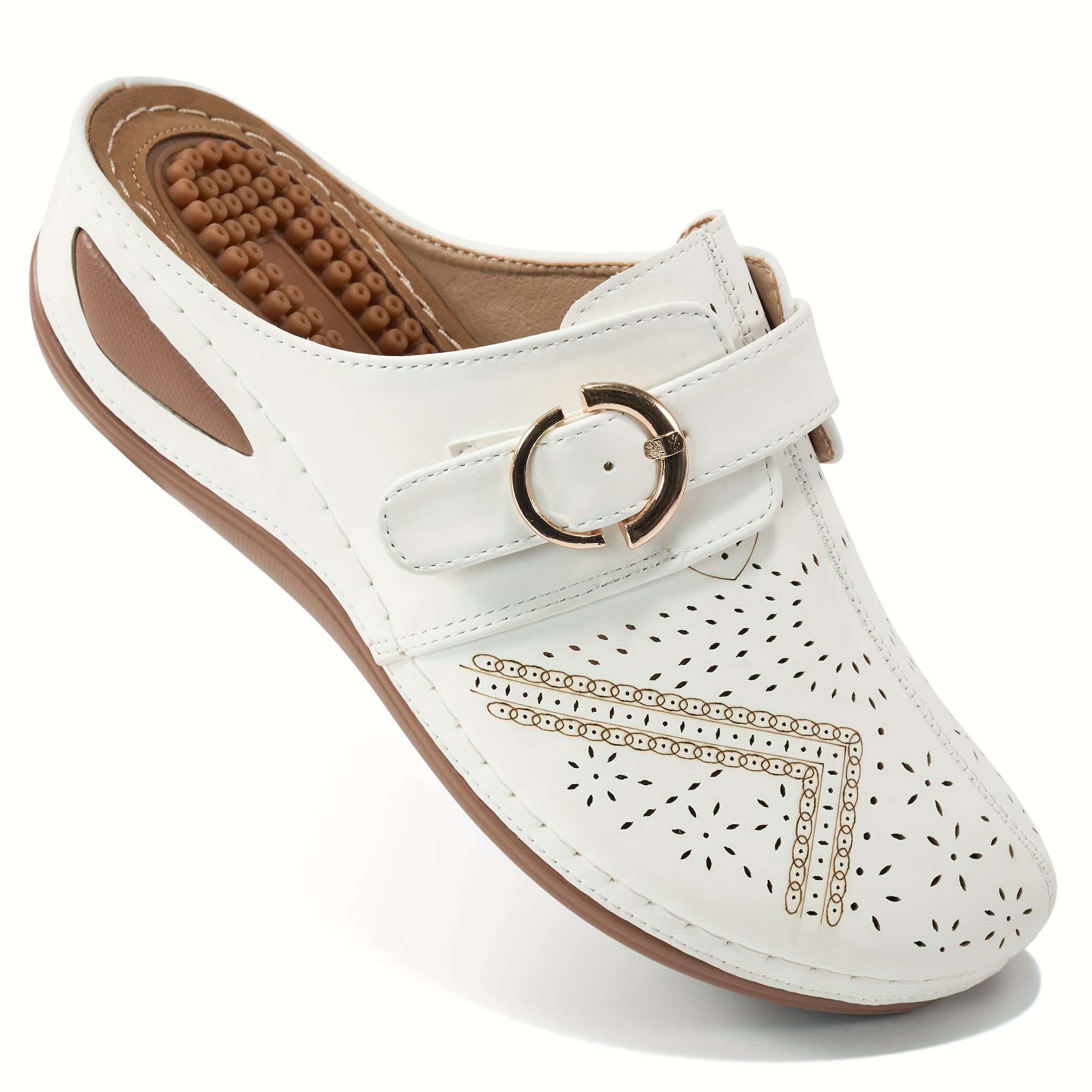 Women's Wedge Slide Sandals - Perforated Closed Toe Buckle Strap Mules ...