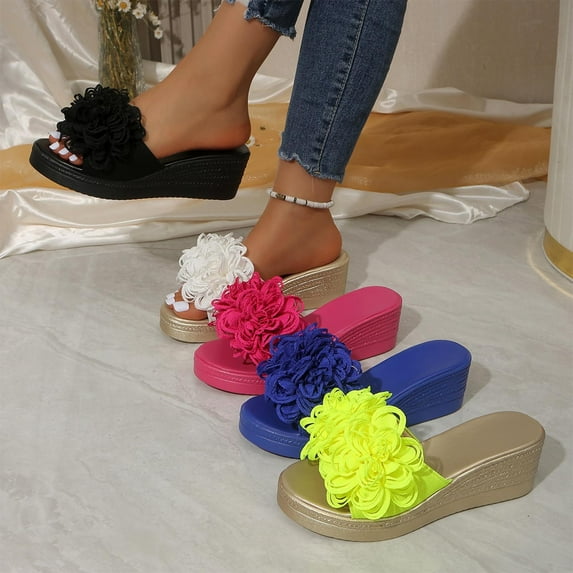 Women's Wedge Slide Sandals Summer Casual Thick Sole Platform Mules with 3D Floral Accent Peep Toe Design Solid Color Slip On Heeled Sandals for Beach Daily Walking Outdoor Use