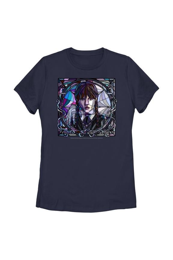 Women's Wednesday Stained Glass Addams Portrait Graphic Tee Navy Blue Small