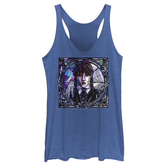 Women's Wednesday Stained Glass Addams Portrait Racerback Tank Top Royal Blue Heather Small