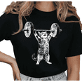 thumbnail image 1 of Women's Weightlifting Cat Graphic Casual T Shirt Funny Gym Lover Retro Vintage Workout Short Sleeve Round Neck Top Black S-5XL, 1 of 5