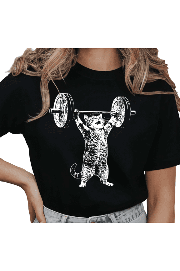 Women's Weightlifting Cat Graphic Casual T Shirt Funny Gym Lover Retro Vintage Workout Short Sleeve Round Neck Top Black S-5XL