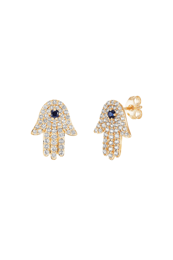Women's Welry 10kt Yellow Gold Hamsa Drop Earrings with Lab-Created Sapphires