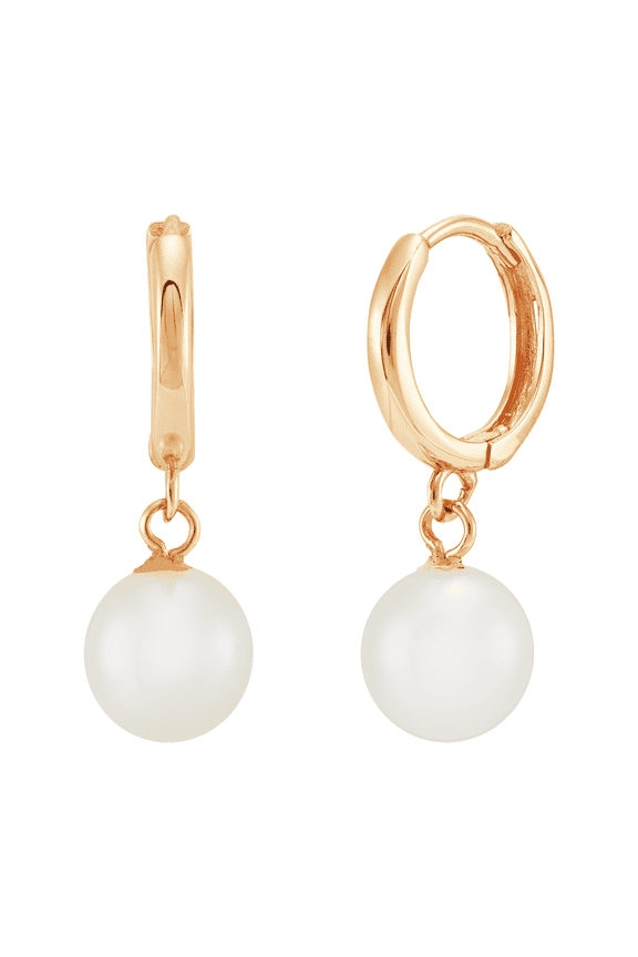 Women's Welry 7mm White Pearl Huggie Hoop Drop Earrings in 14kt Yellow Gold