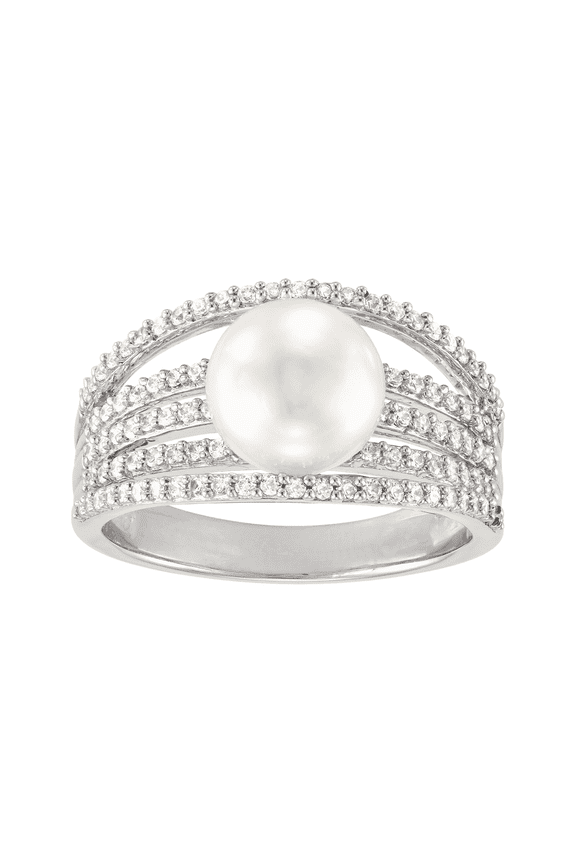 Women's Welry 8-8.5mm Freshwater Pearl Multi-Row Ring with Cubic Zirconia in Sterling Silver