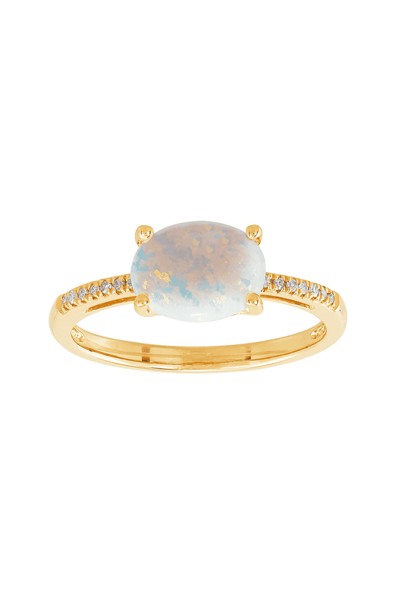 Women's Welry Created Oval Opal Ring with Diamond Accents in 10kt Yellow Gold, Size 9