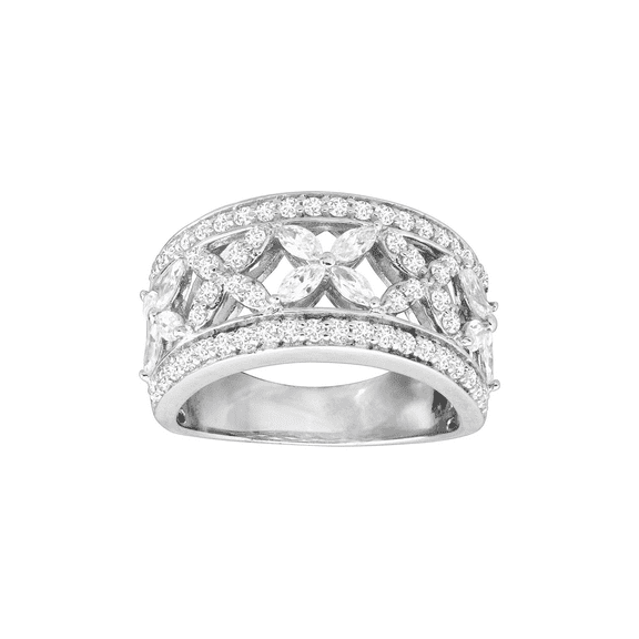 Women's Welry Cubic Zirconia Floral 'x' Band Ring in Sterling Silver