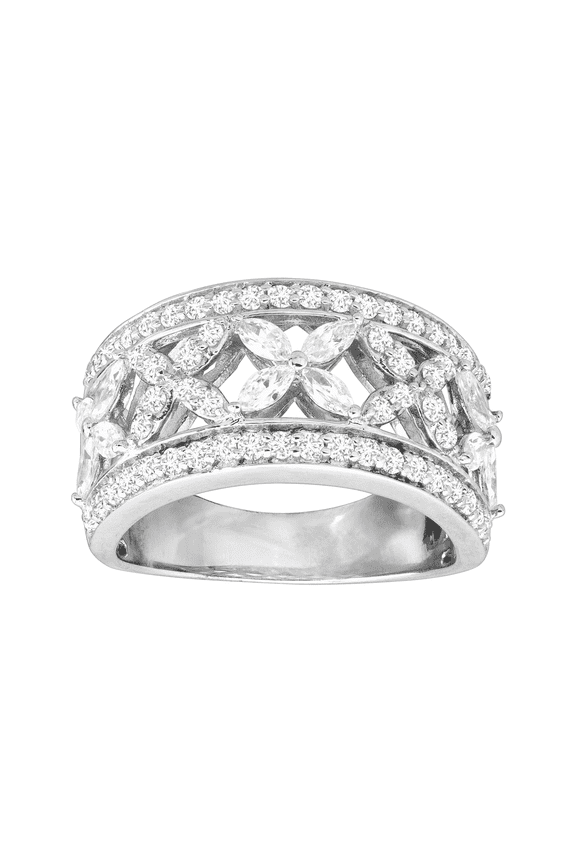 Women's Welry Cubic Zirconia Floral 'x' Band Ring in Sterling Silver