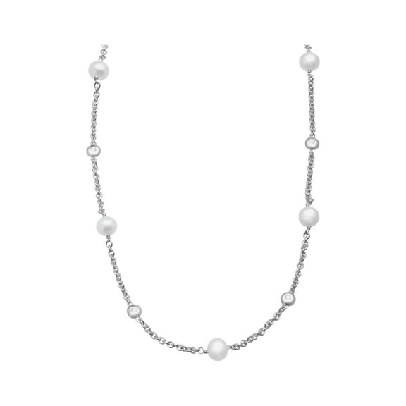 Women's Welry Freshwater Pearl and 1/4 cttw Created White Sapphire Station Necklace in Sterling Silver, 17.5"