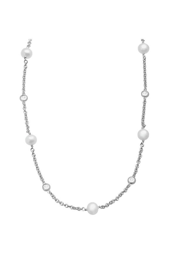 Women's Welry Freshwater Pearl and 1/4 cttw Created White Sapphire Station Necklace in Sterling Silver, 17.5"