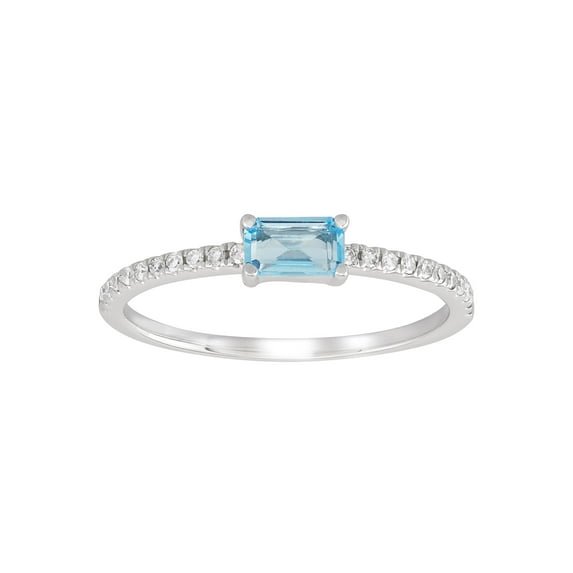 Women's Welry Natural Emerald-Cut Swiss Blue Topaz Ring with 1/10 ct Diamonds in 14kt Gold