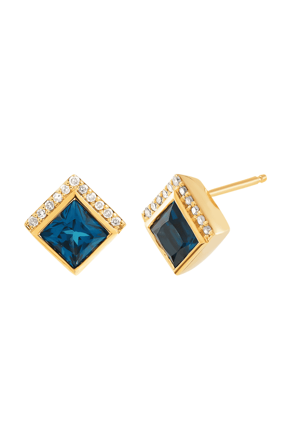 Women's Welry Natural London Blue Topaz Stud Earrings with 1/10 cttw Diamonds in 10kt Yellow Gold