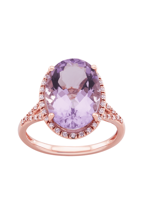 Women's Welry Natural Pink Amethyst Oval-Cut Halo Ring with Cubic Zirconia in 10kt Rose Gold, Size 7