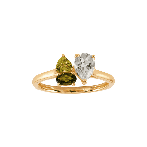 Women's Welry Pear-Cut White Amethyst Ring with Peridot and Tourmaline in 10kt Yellow Gold, Size 8