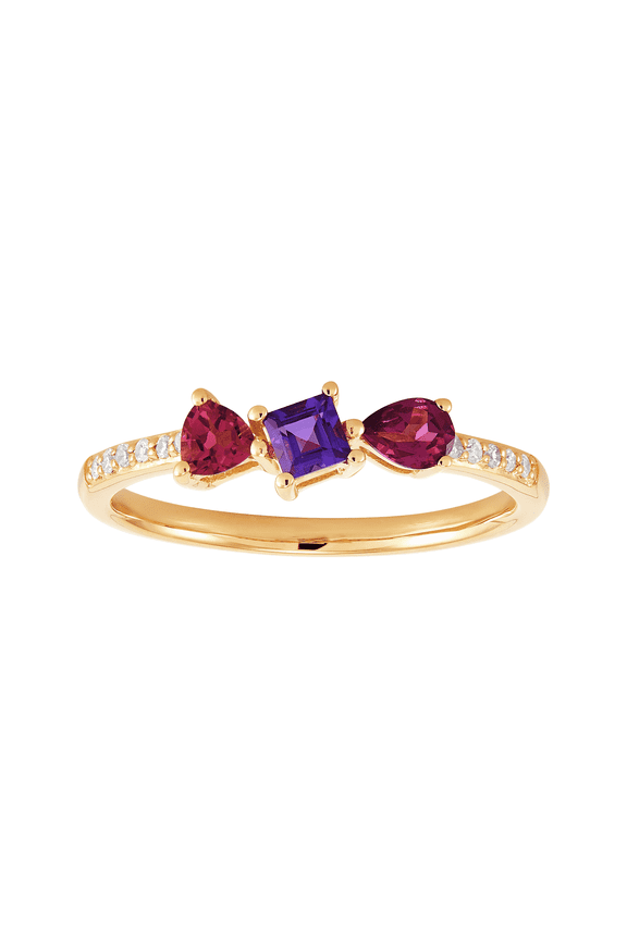 Women's Welry Square-Cut Amethyst Ring with Garnet and Diamonds in 10kt Yellow Gold, Size 6