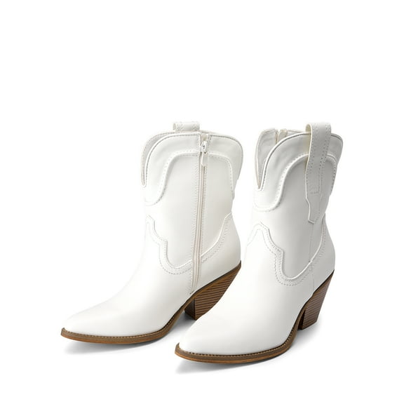 Women's Western Ankle Booties - Pointed Toe Cowgirl Boots with Low Heel Comfortable Pull-On Design for Casual Wear