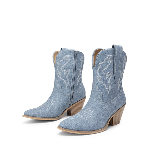 Women's Western Ankle Booties - Pointed Toe Cowgirl Boots with Low Heel Comfortable Pull-On Design for Casual Wear