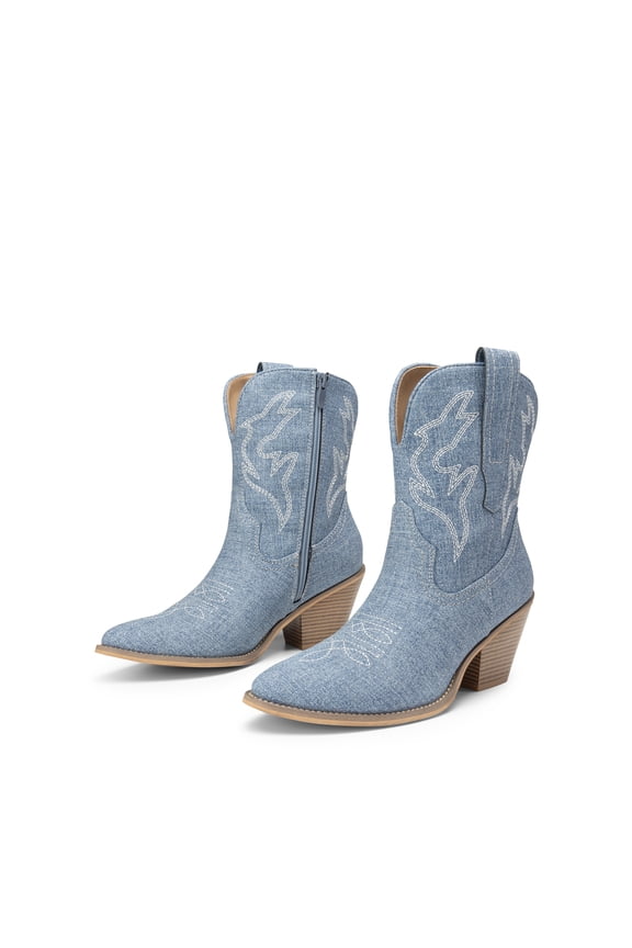 Women's Western Ankle Booties - Pointed Toe Cowgirl Boots with Low Heel Comfortable Pull-On Design for Casual Wear
