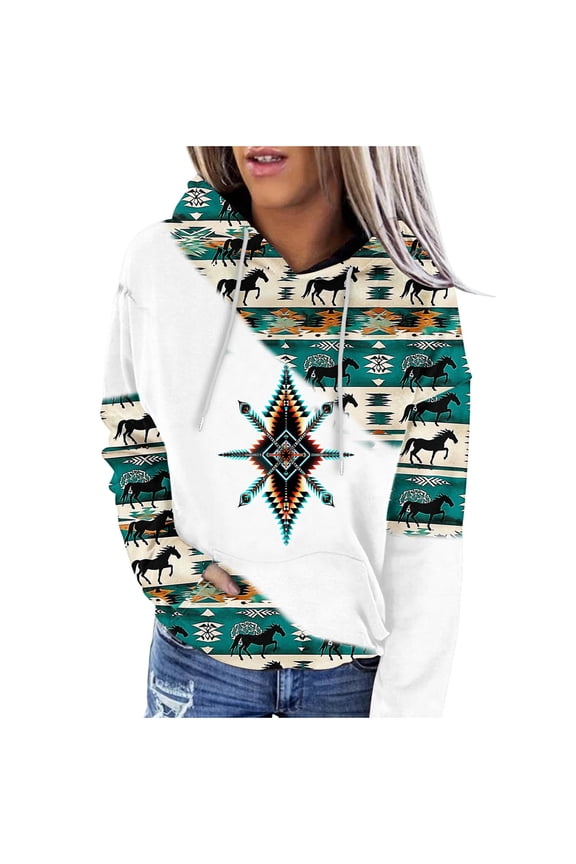 Women's Western Aztec Ethnic Style Hoodies Sweatshirts Casual Western Cowgirl Rhombus Printed Pullover Tops