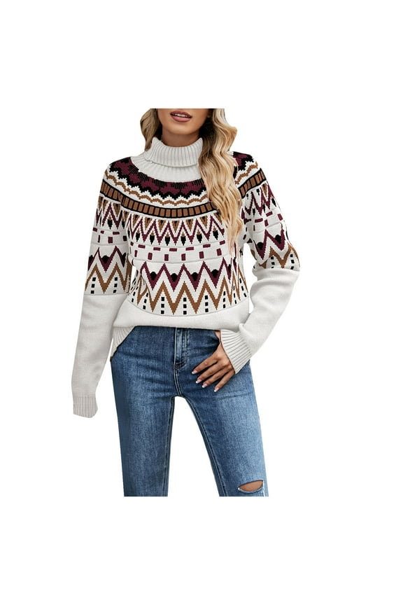 Women's Western Aztec Style Sweater Ethnic Vintage Turtleneck Pullover Color Block Long Sleeve Tops for Fall Winter
