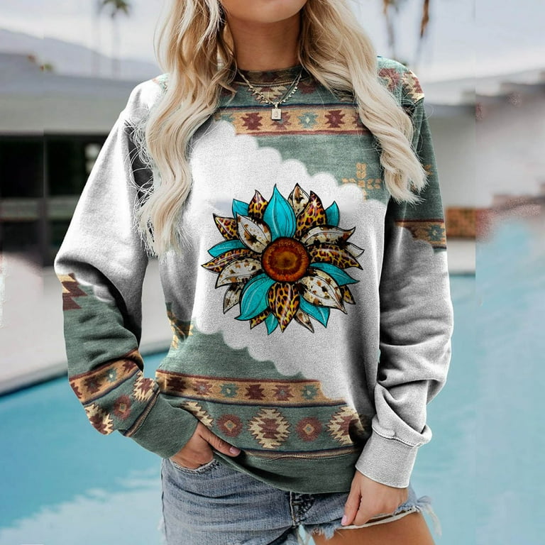 Women's Western Aztec Sweatshirt Long Sleeve Crewneck Pullover