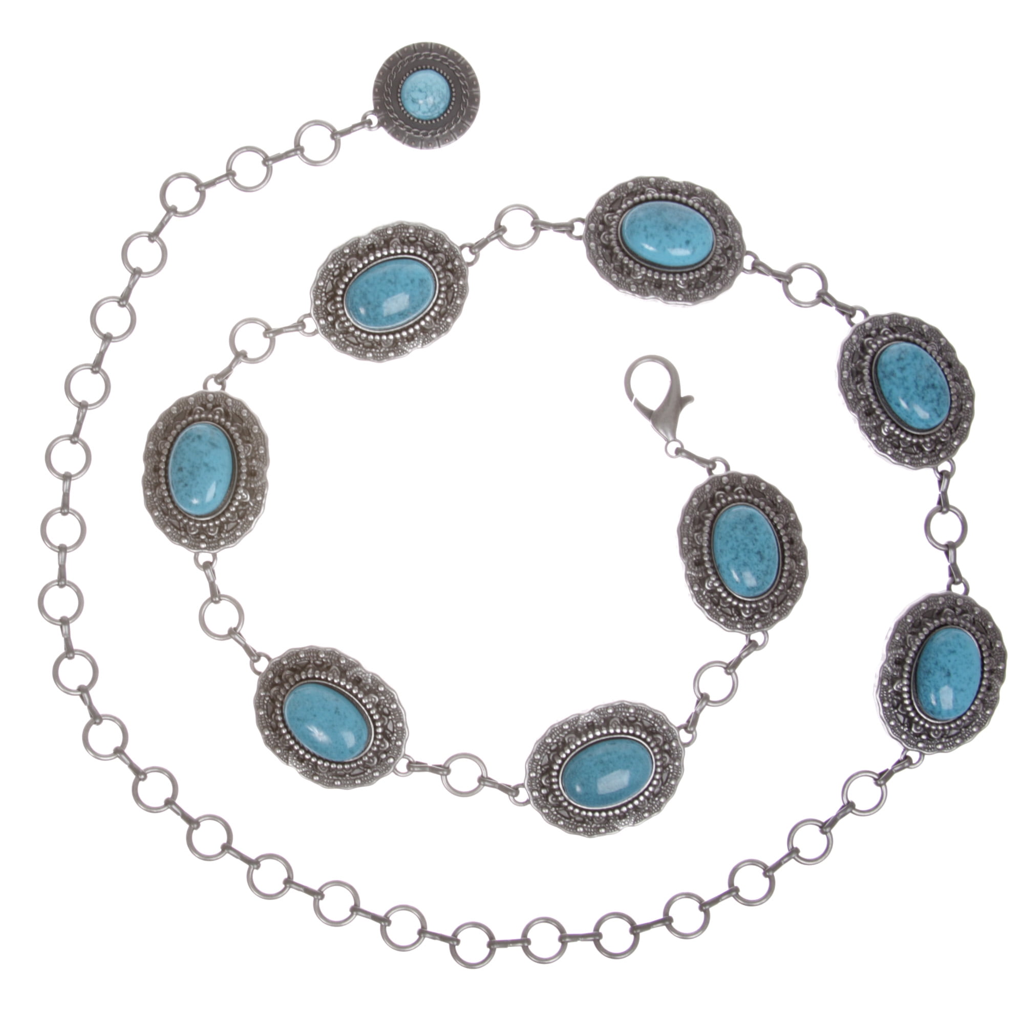 6745 Vintage Turquoise Chain Belt For Dress Jeans Western Oval Concho Ariat Silver & Turquoise Stone Oval Concho Chain Cowgirl  main image 3