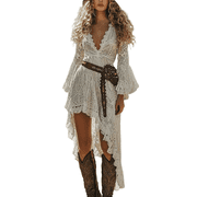 Womens Western Bohemian Lace Dress, Sexy Deep V-Neck Long Sleeve,Country Concert Outfit,Vintage Romantic Beach Vacation Party Gown Women