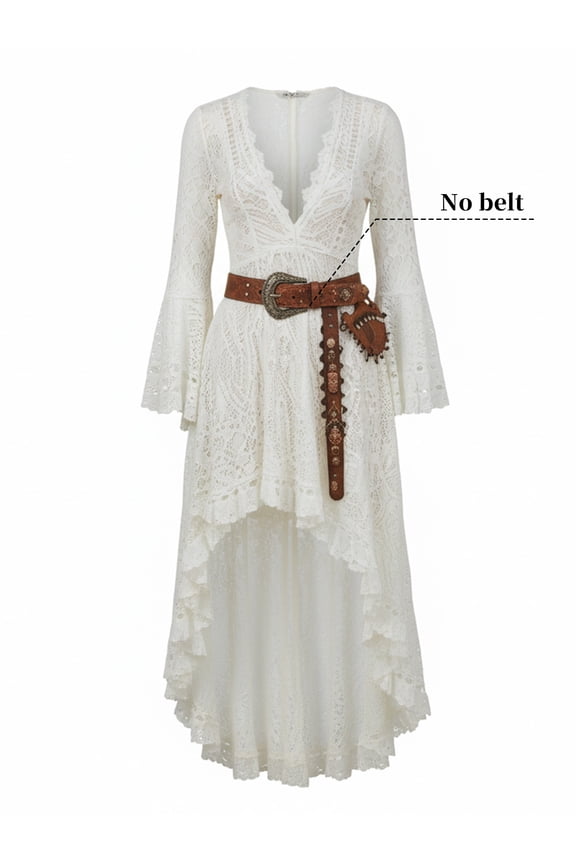 Women's Western Bohemian Lace Dress, Sexy Deep V-Neck Long Sleeve,Country Concert Outfit,Vintage Romantic Beach Vacation Party Gown Women