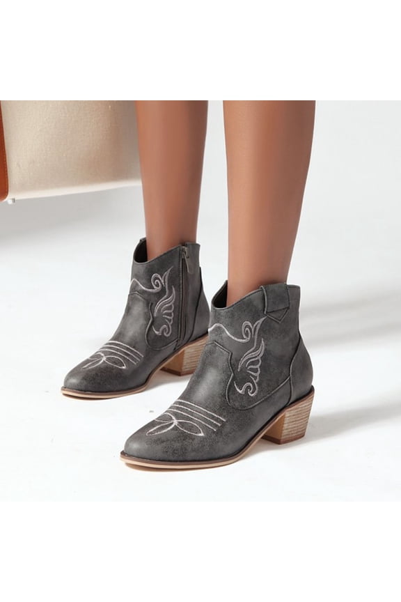 Women's Western Booties Classic Point Toe Embroidered Western Rodeo Cowboy Sheriff Boot With Zipper Ankle Boots Low Heel For Women