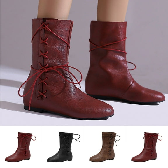 Women's Western Boots Low-Heeled Lace-Up Round Toe Casual Comfort Vintage Style I for Fall Winter Outings Fashion Footwear