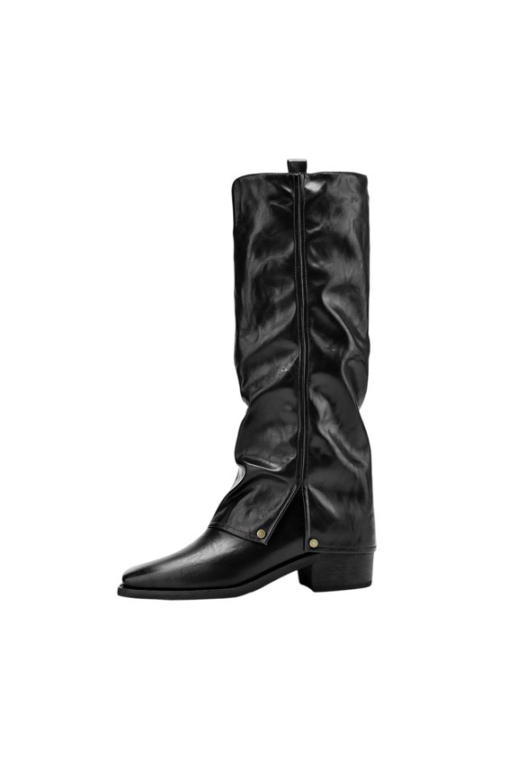 Women's Western Boots, Retro Fold-over Lock Style with Studs, Leather Pointed Toe Low Heel Walking Boots Black 6(37)