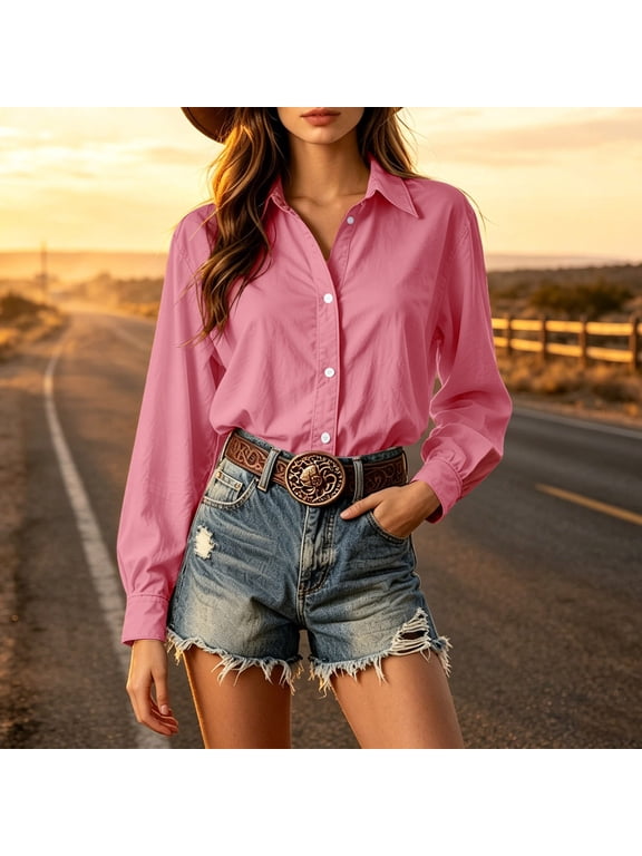 Women's Western Collared Button Down Long Sleeve Shirt Loose Fit Solid Casual Blouse Shirts for Women Pink S