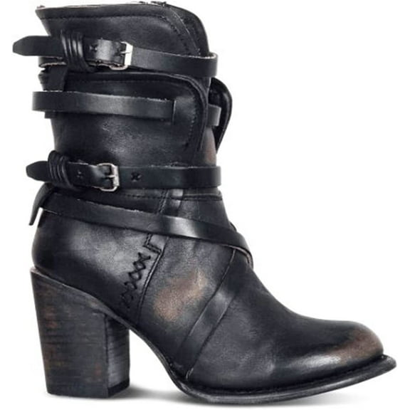 Women's Western Cowboy Boots PU Leather Chunky Heel Wide Width Mid Calf Boots Retro Buckle Strap Combat Boot Fashion Round Toe Punk Motorcycle Booties
