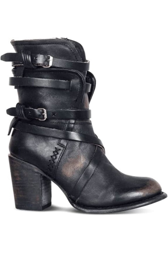 Women's Western Cowboy Boots PU Leather Chunky Heel Wide Width Mid Calf Boots Retro Buckle Strap Combat Boot Fashion Round Toe Punk Motorcycle Booties