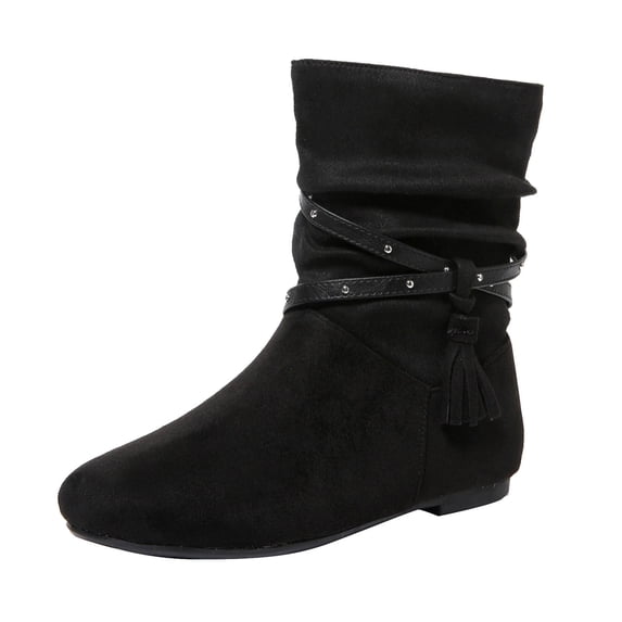 Women's Western Cowboy Boots Suede Round Toe Chunky Heel Rivet Tassel Knight Boots