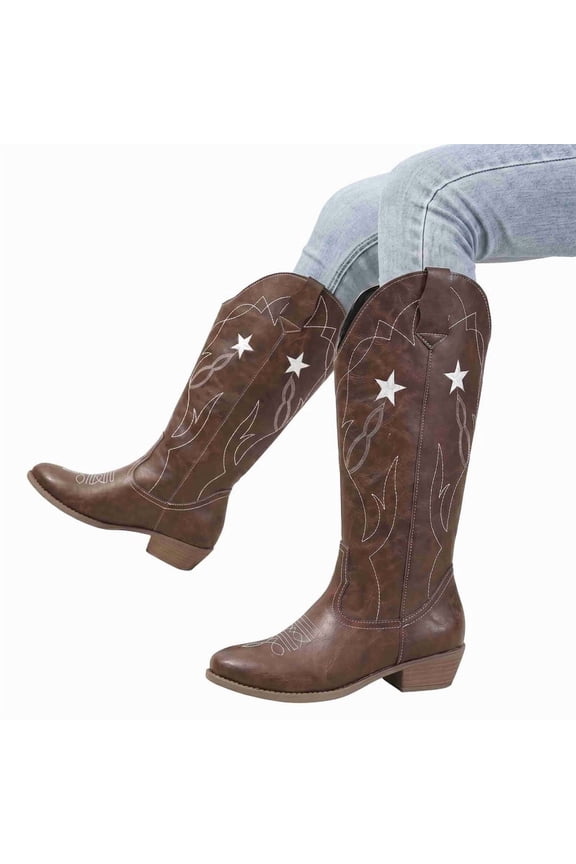 Women's Western Cowboy Boots with Embroidered Stars, Chunky Heel Fashion Boots Pointed Toe Mid-Calf Riding Boots