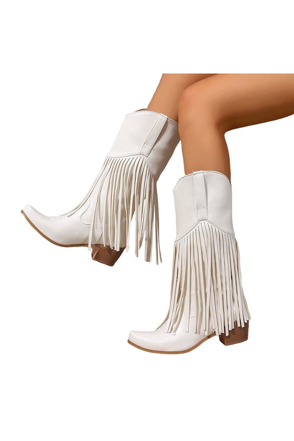 Women's Western Cowboy Cowgirl Boots Fringed Tassel Wide Calf Booties Embroidered Chunky Heel Pull on Winter Shoes