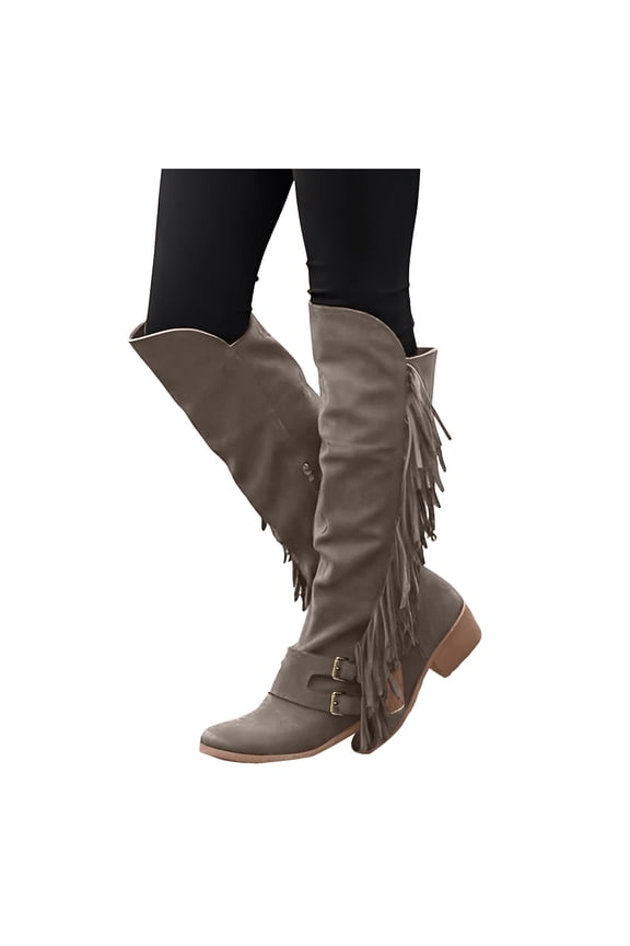 Women's Western Cowboy Cowgirl Boots Fringed Tassel Wide Calf Booties Embroidered Chunky Heel Pull on Winter Shoes
