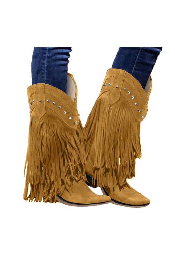 Women's Western Cowboy Cowgirl Boots Fringed Tassel Wide Calf Booties Embroidered Chunky Heel Pull on Winter Shoes