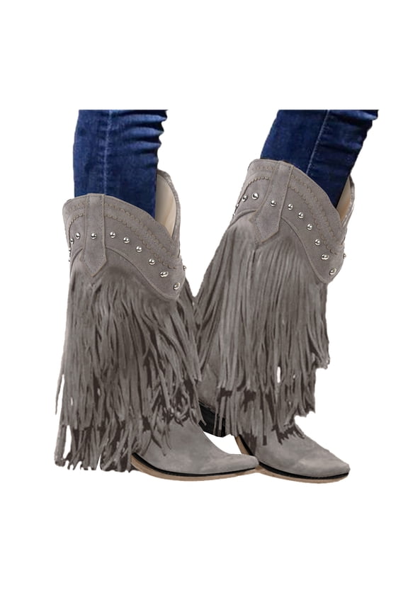 Women's Western Cowboy Cowgirl Boots Fringed Tassel Wide Calf Booties Embroidered Chunky Heel Pull on Winter Shoes