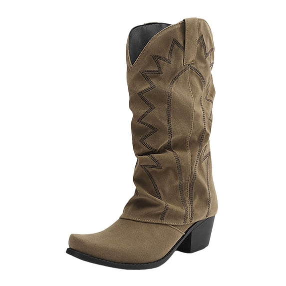 Women's Western Cowboy Cowgirl Embroidered Mid Calf Boots Chunky Heel Pointed Toe Fold Over Knee High Boots