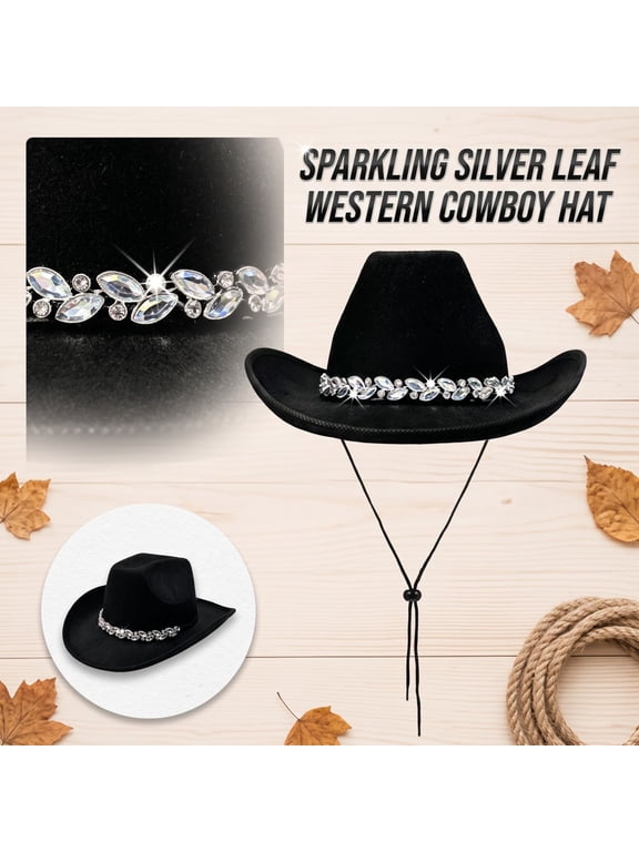 Women's Western Cowboy Hat Rhinestone Cowboy Cowgirl Hat Glitter Wide Brim Felt Fedora Hats Unisex Rolled up Caps Black One Size