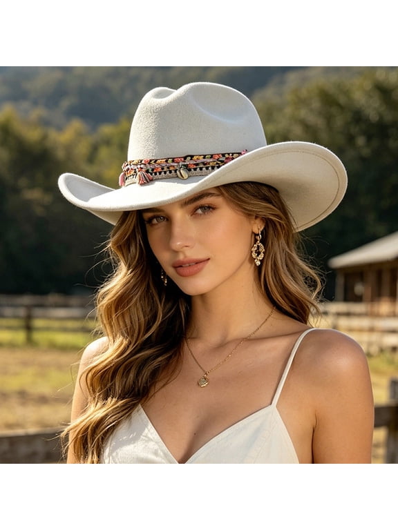 Women's Western Cowboy Hat with Wide Brim Felt Jazz Cap Ethnic Tassel Band for Autumn Winter Parties