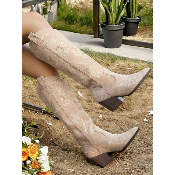 Women's Western Cowgirl Boots Pointed Toe Embroidered Thick Heels Knee High Riding Boot Durable Leather Outdoor Riding Boots Fashionable footwear for women
