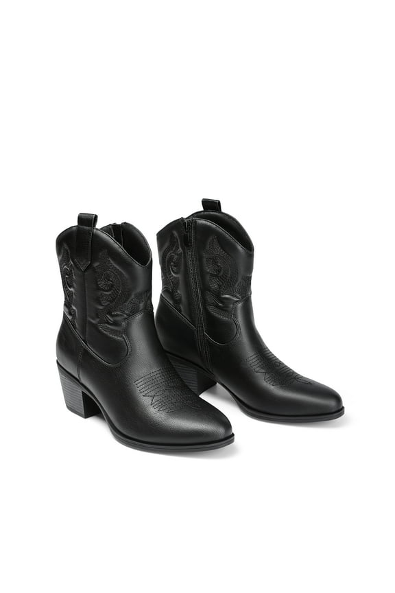 Women's Western Cowgirl Cowboy Ankle Boots Low chunky Heel Round Toe Short Booties Shoes