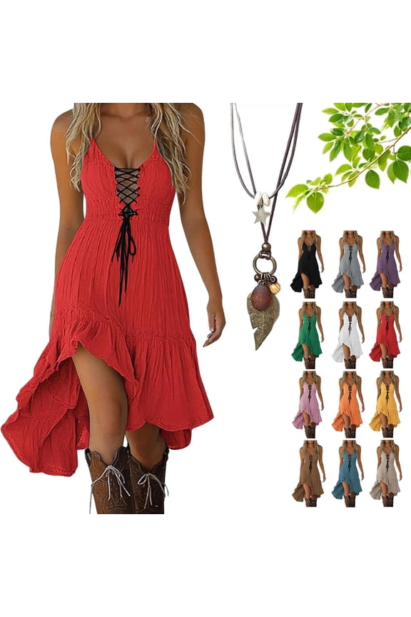 Women's Western Cowgirl Dress - Sexy Lace Up Corset Boho Midi Dresses, High Low Ruffle Hem Summer Sundress