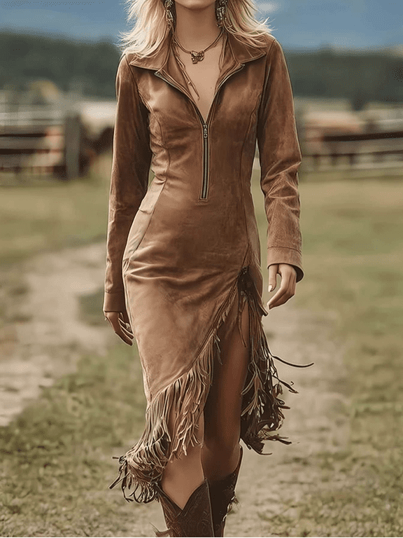 Women's Western Cowgirl Fringe Dress, Sexy Zipper Lapel Long Sleeve Bodycon, Chic Country Concert Outfit, Bohemian Party Gown Women