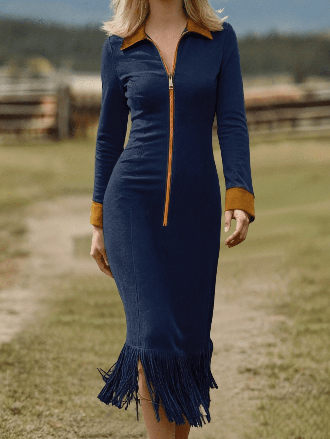 western dress for night party Women's Western Cowgirl Fringe Dress, Sexy Zipper Lapel Long Sleeve Bodycon  Dress,Country Concert Outfit,Vintage Bohemian Night Out Party Gown Women