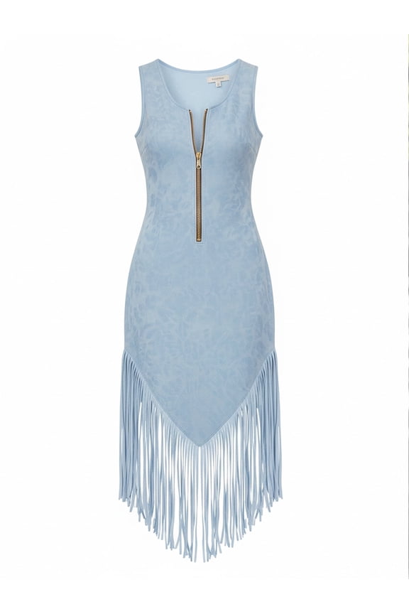 Women's Western Cowgirl Fringe Dress, Zip Front Sleeveless Slim Fit Mini Dress, Chic Bohemian Music Festival Outfit for Women