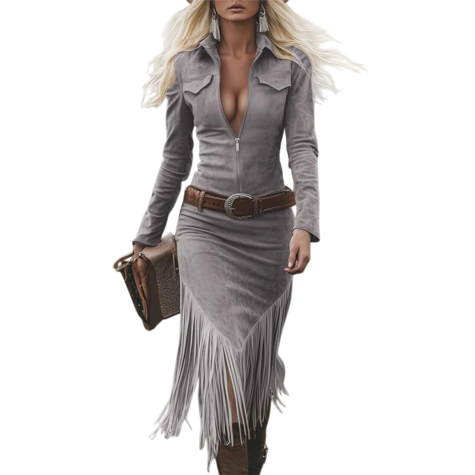 Women's Western Cowgirl Suede Dress Vintage Long Sleeve Slim Fit Fringe Dress Zip Collared Vacation Outfits without Belt